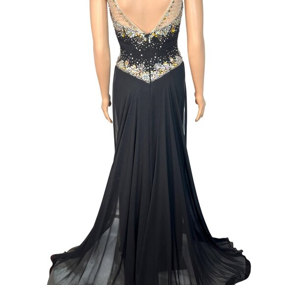 Panoply Black Rhinestone Embellished Mesh Illusion Gown Size 6 W Sheer Neckline - Picture 2 of 13